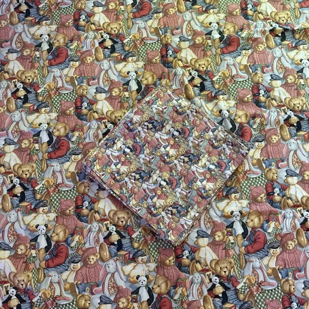 1990s Daisy Kingdom Teddy Bear Print Fabric Tablecloth and Napkins